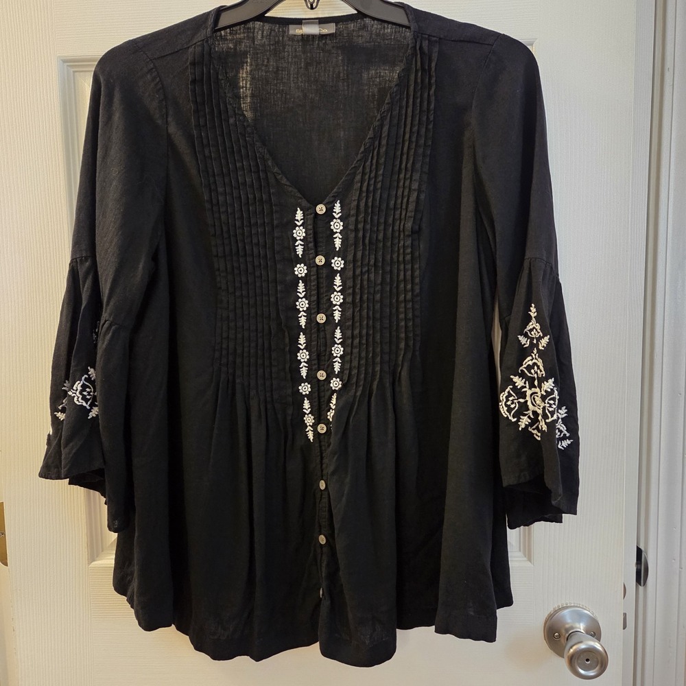 Style & Co sz 0X 12/14 blk floral embroidered top bell slv pintuck peasant boho